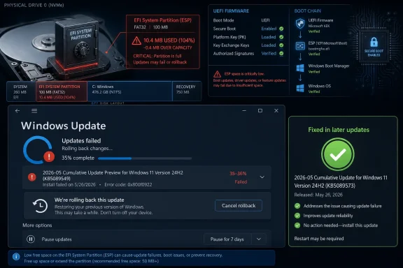 Windows update failed (35% rollback) due to critically low EFI System Partition space; Secure Boot is enabled.