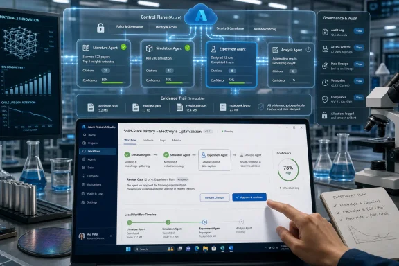 Lab workstation screen shows an AI-controlled Azure workflow with evidence trail, audit logs, and experiment approval.