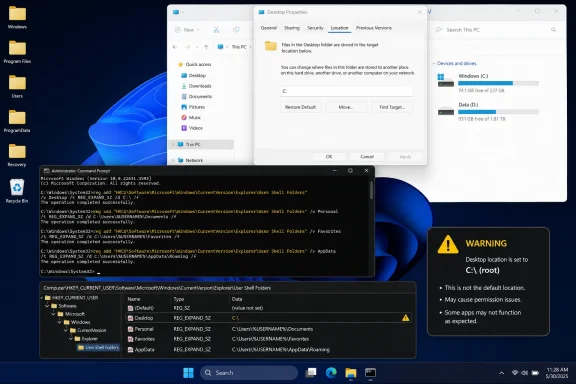 Windows desktop settings and registry editor showing a warning about changing the Desktop folder location.