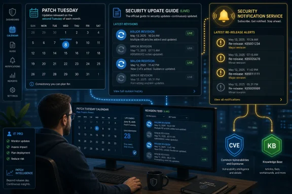 Man monitors a “Patch Tuesday” security dashboard with live revision feed and notification alerts.