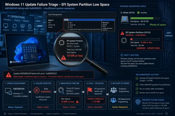 Dashboard shows Windows 11 update triage: critical low EFI partition space causing failure error 0x800f0922.