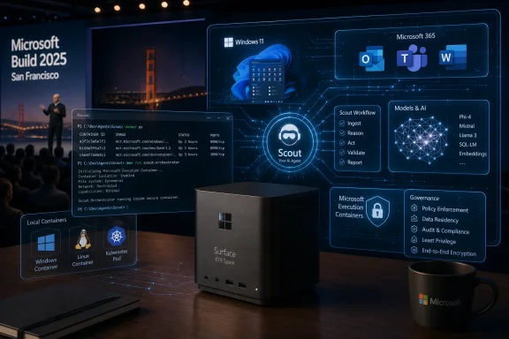 Microsoft Build 2025 stage displays AI agent “Scout” on Windows 11/Microsoft 365 container and models dashboard graphics.