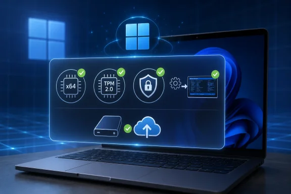 Futuristic laptop security and cloud upload screen with Windows icon, TPM, and checkmark indicators.