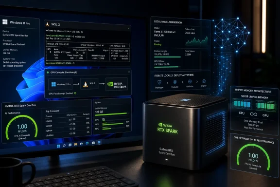 Demo setup shows NVIDIA RTX Spark Dev Box with Windows 11 Pro and local model/compute dashboards.
