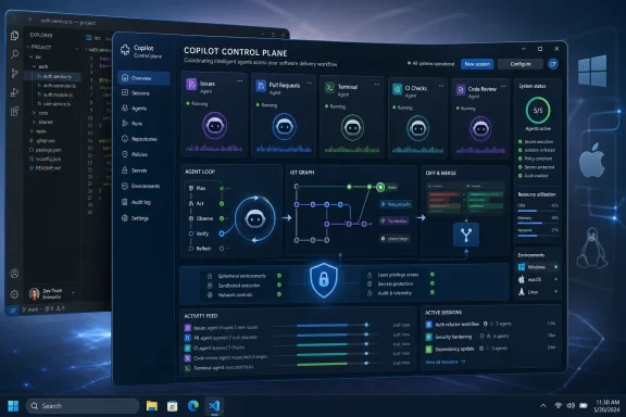 Copilot control plane dashboard showing running AI agents, CI checks, code review, and system status.
