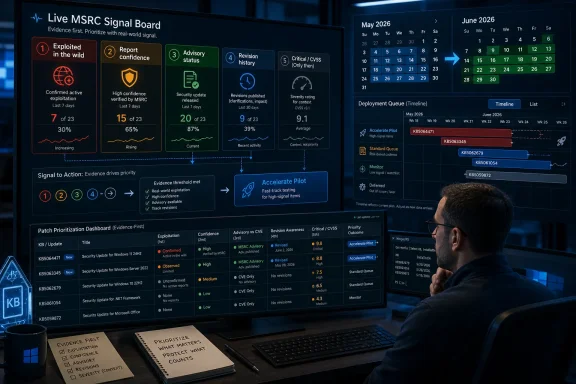 Technician monitors a “Live MSRC Signal Board” cybersecurity dashboard with queued patches and timelines.