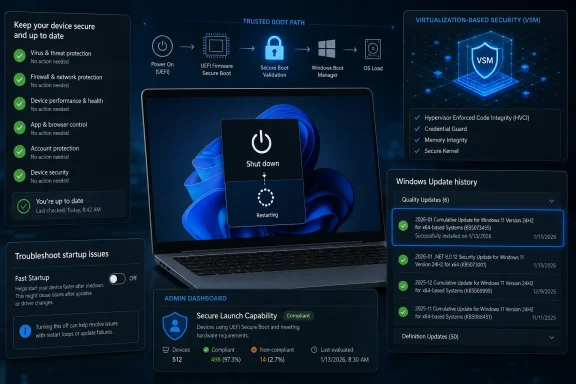 Windows laptop security dashboard shows trusted boot path and VSM virtualization-based protection.