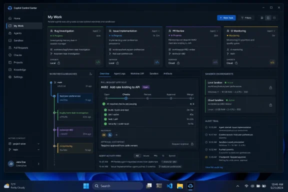 Copilot Control Center dashboard showing parallel agent tasks, pull request workflow, and sandbox monitoring.