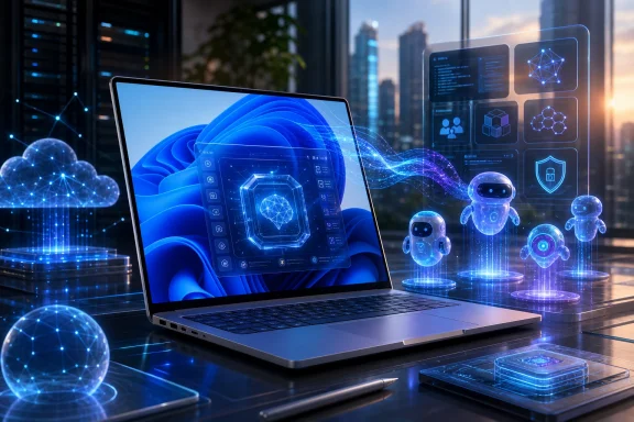 Futuristic laptop with holographic AI/tech interface and floating robots in a smart city server room.