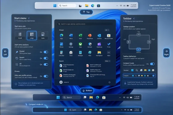 Windows 11 settings preview shows Start menu and taskbar customization panels on a blue desktop background.