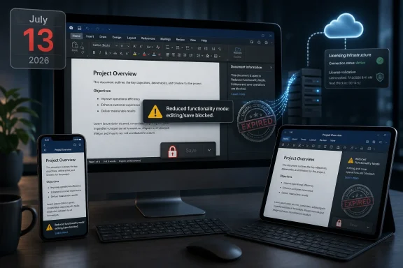 Digital devices show a project document with “Reduced functionality mode” and an “EXPIRED” watermark.
