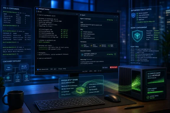 Laptop screen shows an AI coding agent running in a secure container alongside DevOps dashboards and GPU status.