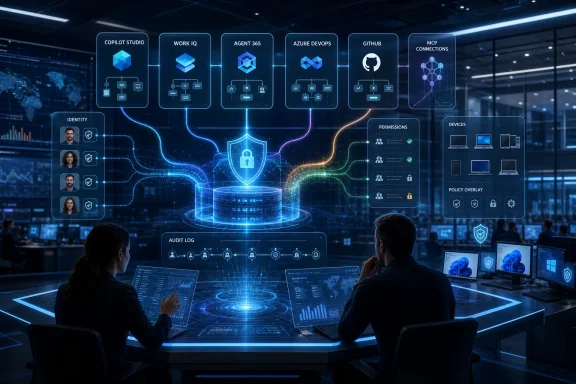 Cybersecurity command center with cloud services and identity access protection visualized in blue light.