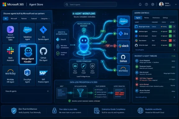 Microsoft 365 Agent Store dashboard showing AI agent workflows, security controls, and audit timeline.