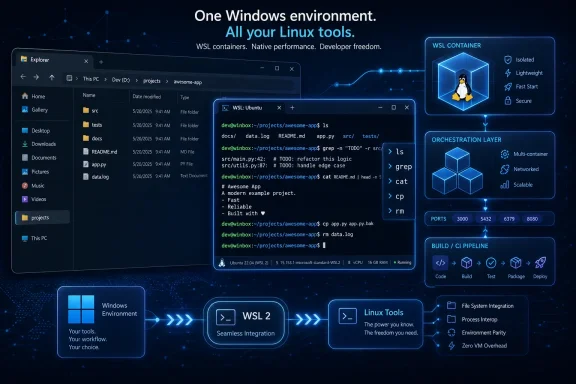 Microsoft WSL2 interface showing Ubuntu Linux tools running inside Windows with build and orchestration panels.