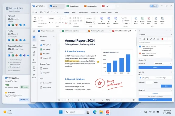 WPS Office window showing an “Annual Report 2024” document with charts, commentary tools, and PDF options.