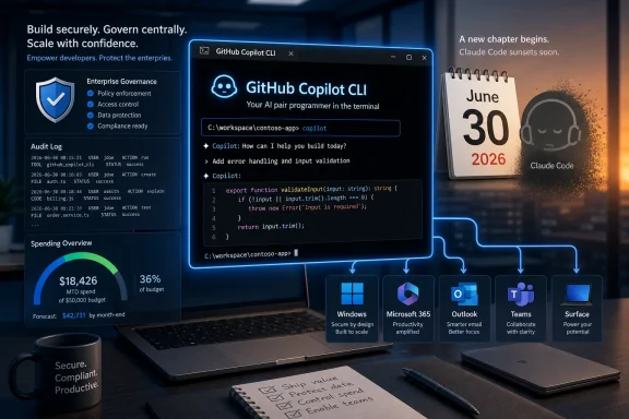 Laptop screen shows GitHub Copilot CLI with security/enterprise dashboards and productivity icons.
