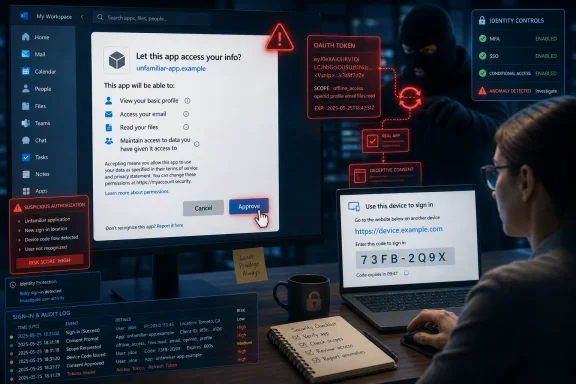A user reviews a suspicious OAuth app consent prompt with MFA and security warnings on screen.