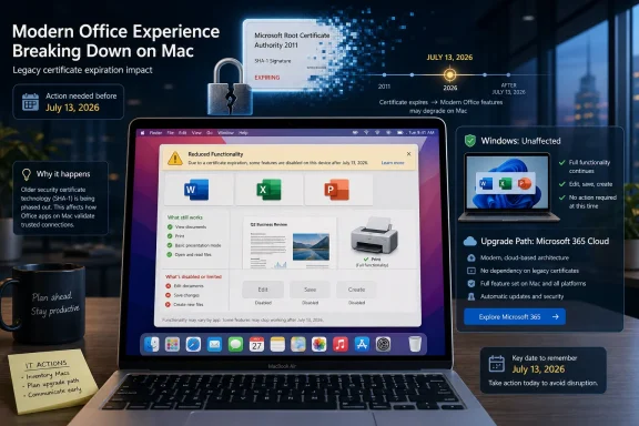 Infographic shows a July 13, 2026 certificate expiry warning for Microsoft Office on Mac, with upgrade guidance.