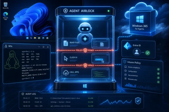 Blue “Agent AILock” AI assistant in a glass interface, securing Windows 365 for agents with audit logs and policies.
