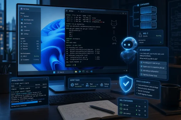 Laptop screen shows VS Code debugging and Docker/WSL containers with an AI assistant panel and test workflow.