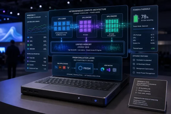 Futuristic laptop display shows heterogeneous compute architecture with power, thermal, and workload analytics.