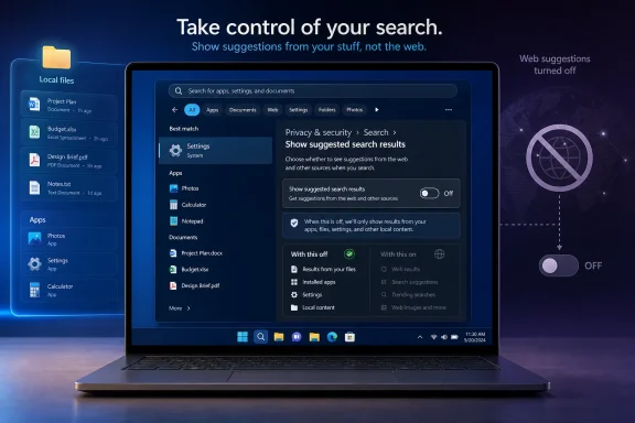 Laptop screen shows settings to control search suggestions, with web suggestions turned off.