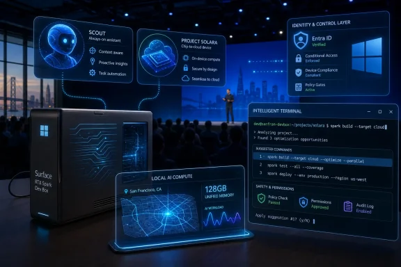 Futuristic event stage showing AI compute and cloud security dashboards around a laptop and Surface device.