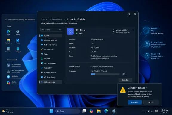 Windows settings show “Local AI Models” managing the installed “Phi Silica” model with an uninstall prompt.
