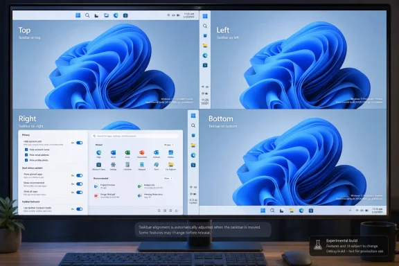 Windows 11 taskbar alignment preview showing Top, Left, Right, and Bottom layouts on a monitor.