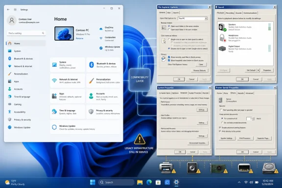 Windows 11 Settings screen with system, sound, and printer configuration dialogs over a blue desktop background.