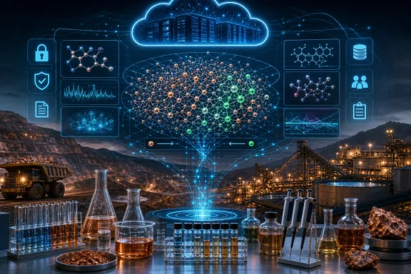 Lab glassware and particle network overlay above an industrial refinery, highlighting cloud-based data science.