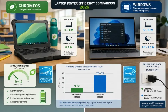 Side-by-side infographic compares ChromeOS vs Windows laptop power use, sleep/idle watts, and yearly energy cost.