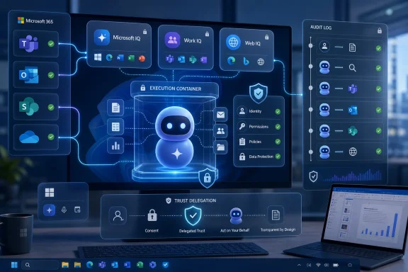 Digital dashboard showing Microsoft 365/Work automation, an AI “execution container,” and audit trust delegation.