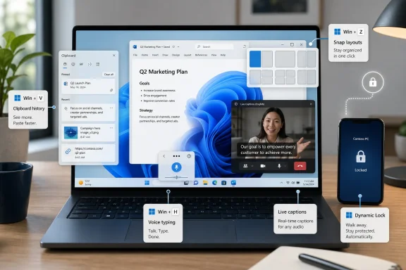 Labeled Windows 11 productivity tools shown on a laptop with live captions and lock/win shortcuts.