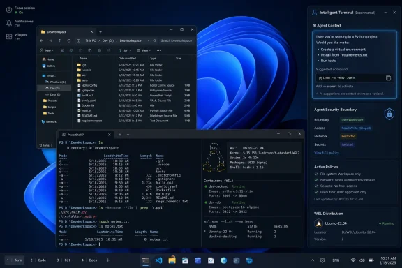 Windows dev workspace screenshot with PowerShell, WSL containers, and an “Intelligent Terminal” AI agent panel.