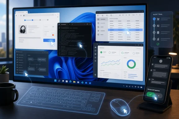 Multiple screens on a laptop show analytics dashboards with audit trail, charts, and cloud data controls.