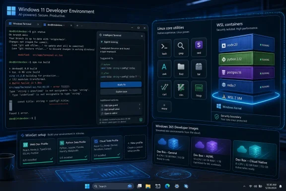 Windows 11 developer setup with terminal, AI assistant, and WSL container stack (node, Python, PostgreSQL, Redis).