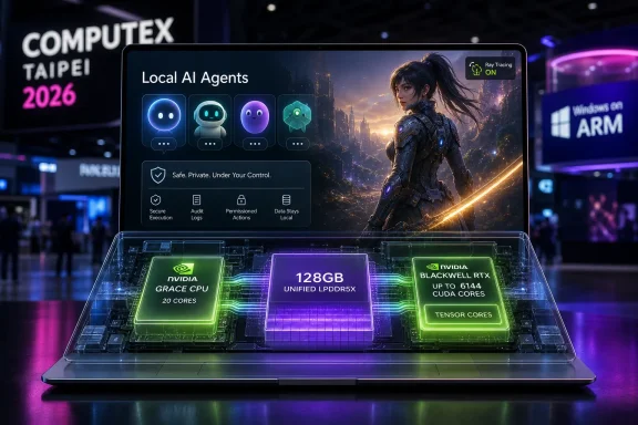 Futuristic laptop display at COMPUTEX Taipei 2026 showcasing local AI agents, ray tracing, and 128GB GPU specs.