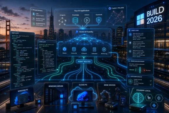 Futuristic AI security dashboard showing agent routes, permissions, logs, and cloud deployments over a city skyline.