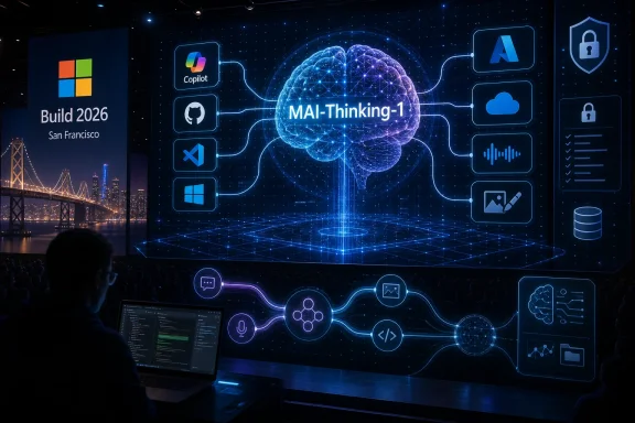 Tech conference stage featuring a glowing AI brain with icons and “MAI-Thinking-1” on a futuristic screen.