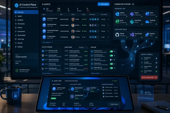 AI control plane dashboard showing agent management, connected systems, policies, and security controls.
