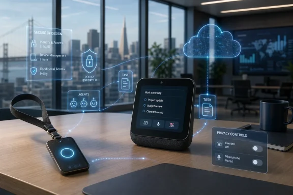 Office desk with smart devices and cloud-based security holograms showing privacy controls and access policies.