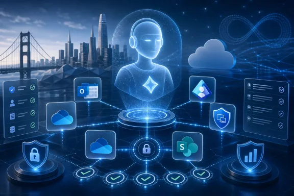 Futuristic AI security illustration with holographic head and connected cloud, shield, and verified icons over a city skyline.