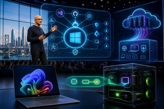 Tech presenter gestures beside a gaming PC and laptop while a cloud network dashboard glows on a large screen.