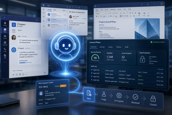 IT support dashboard showing a live chat, new ticket, and secure access monitoring interface.