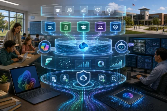 Students and staff in a computer lab with a holographic dashboard of education, security, and analytics icons.