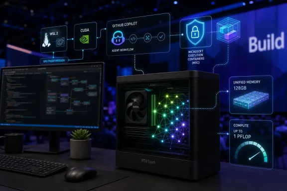 A desktop with an RTX Spark server powering a blue tech workflow diagram of AI/cloud builds.