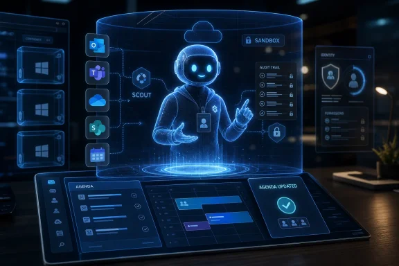 Futuristic AI assistant in a glowing cloud interface managing containers, identity, and sandbox security.