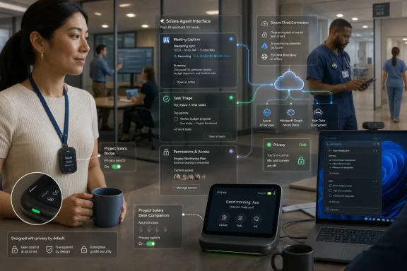 Office scene with an AI assistant and privacy controls overlaid on a desk companion, laptop, and screens.